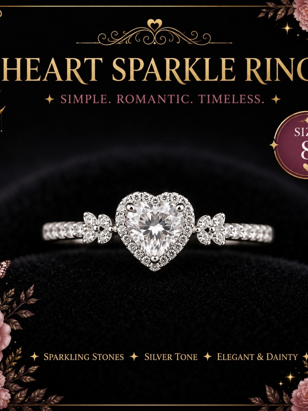 Heart Sparkle Ring - Silver Tone with Clear Stones Size 8!
